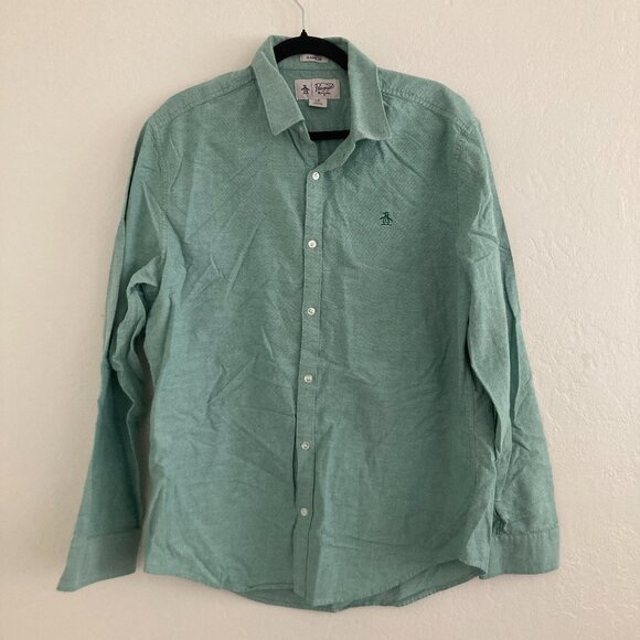 Penguin Classic Fit Button Down Shirt Green Office Career Interview Mens Large - Picture 1 of 9